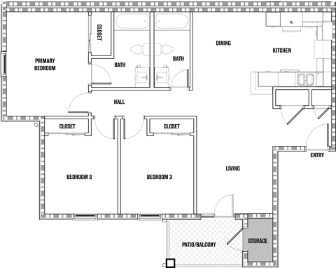 the floor plan shows the layout of the bedrooms and baths